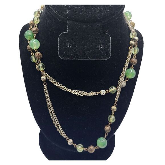 90s Long Strand Green Natural Bohemian Beaded Chain Necklace 35in - Picture 2 of 5